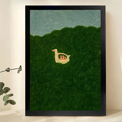Minimalist Duck in Grass Wall Art – Cute Whimsical Duck Canvas Print on Natural Wood Frame | W2079