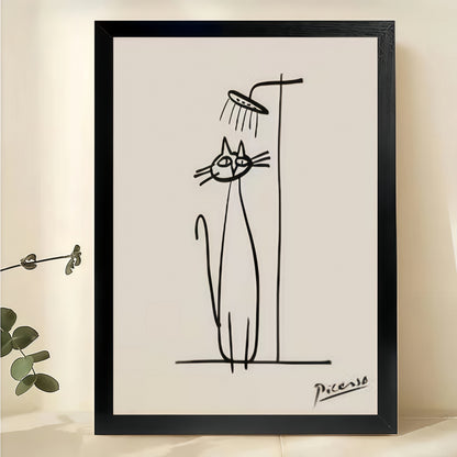 Picasso Cat Showering – Minimalist Bathroom Line Art Wall Art on Natural Wood Canvas | W905
