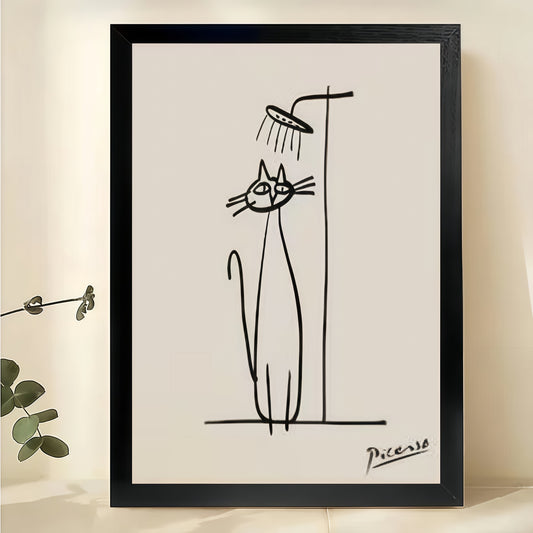 Picasso Cat Showering – Minimalist Bathroom Line Art Wall Art on Natural Wood Canvas | W905