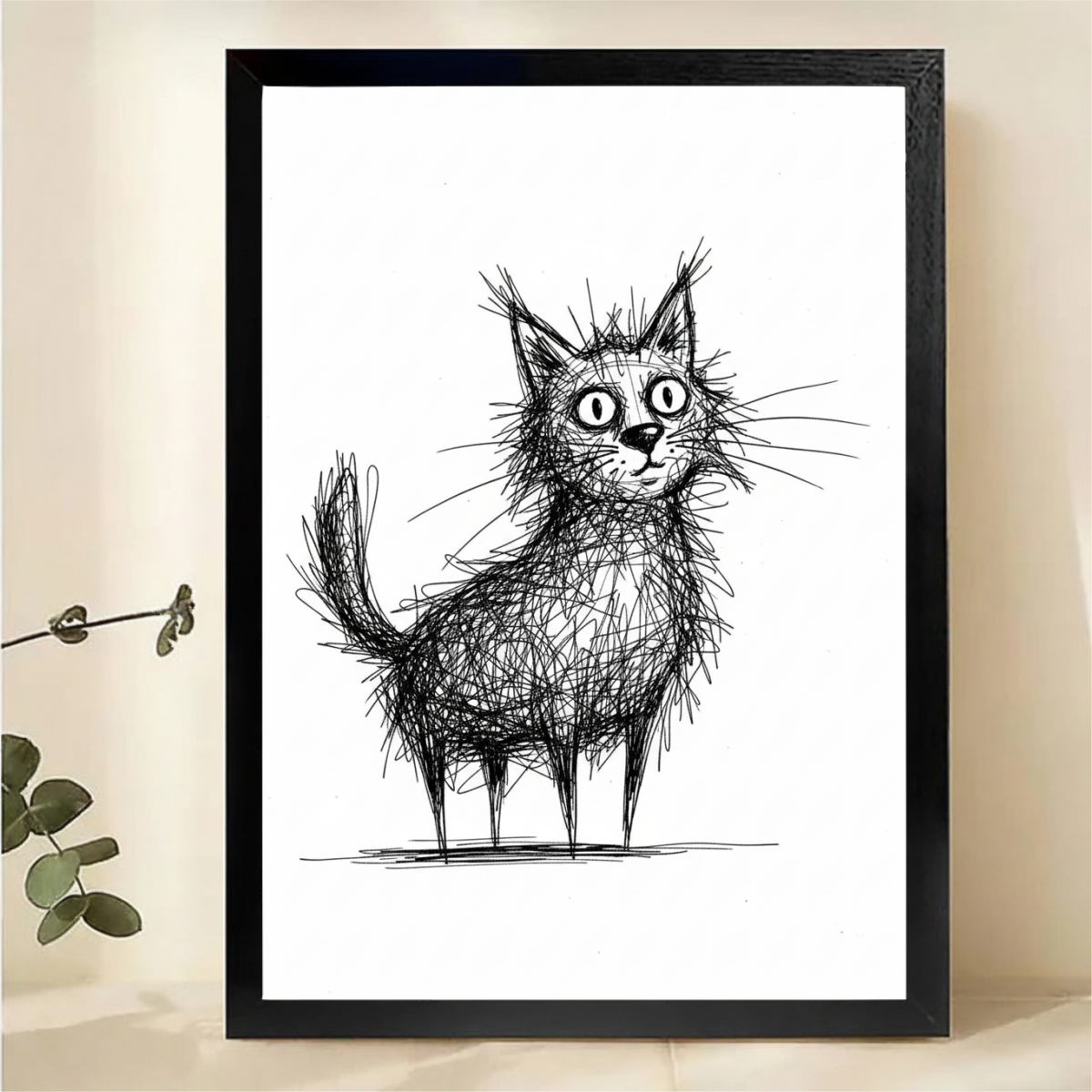 Scruffy Cat Sketch Wall Art - Quirky Line Drawing Print|W1277