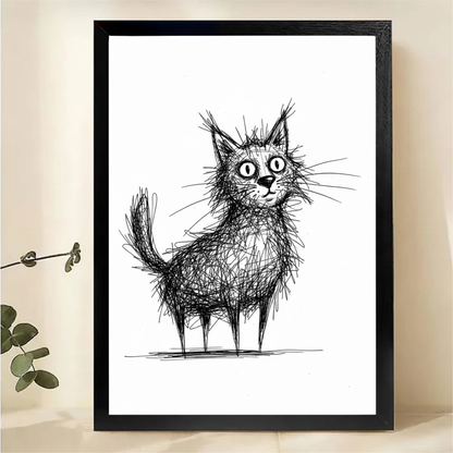 Scruffy Cat Sketch Wall Art - Quirky Line Drawing Print|W1277