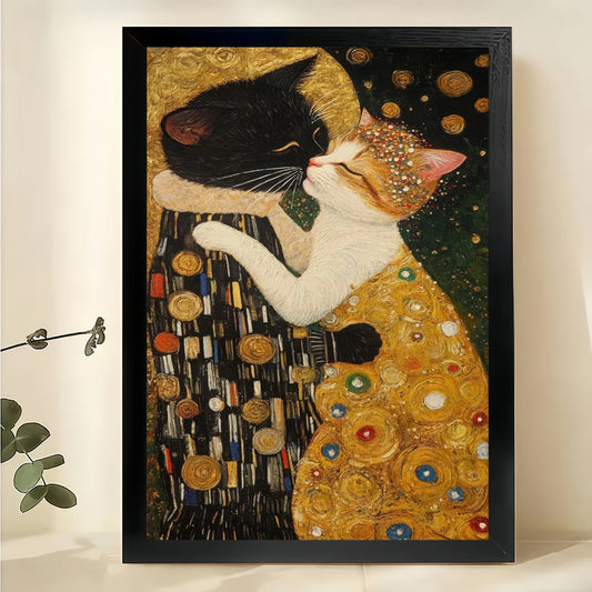 Gustav Klimt Cat The Kiss – Art Nouveau Cat Wall Art on Natural Wood Canvas | W2074