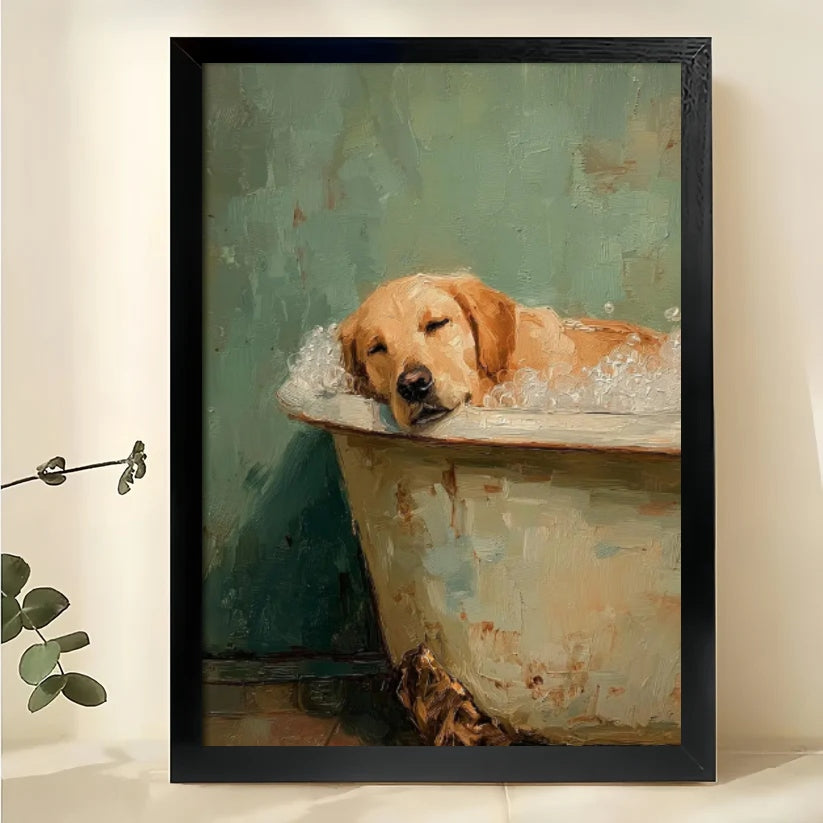 Golden Retriever Bath Time Wall Art – Cute Relaxed Dog Bathtub Framed Canvas Painting | W2114