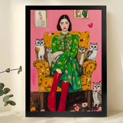 The Bohemian Cat Lady – Vibrant Retro Wall Art on Natural Wood Canvas | W641