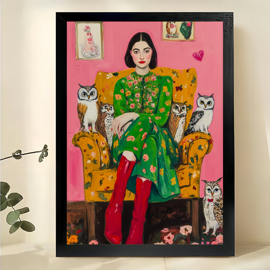 The Bohemian Cat Lady – Vibrant Retro Wall Art on Natural Wood Canvas | W641