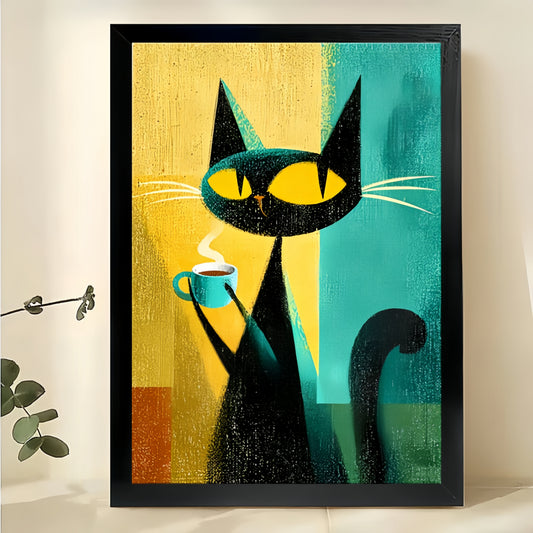 Retro Color-Block Black Cat with Coffee Cup Illustration – Cozy Vintage Wall Art on Natural Wood Canvas | W689