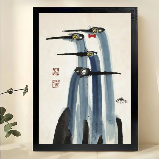 Whimsical Flying Birds – Japanese Ink Wash Style Wall Art on Natural Wood Canvas | W856