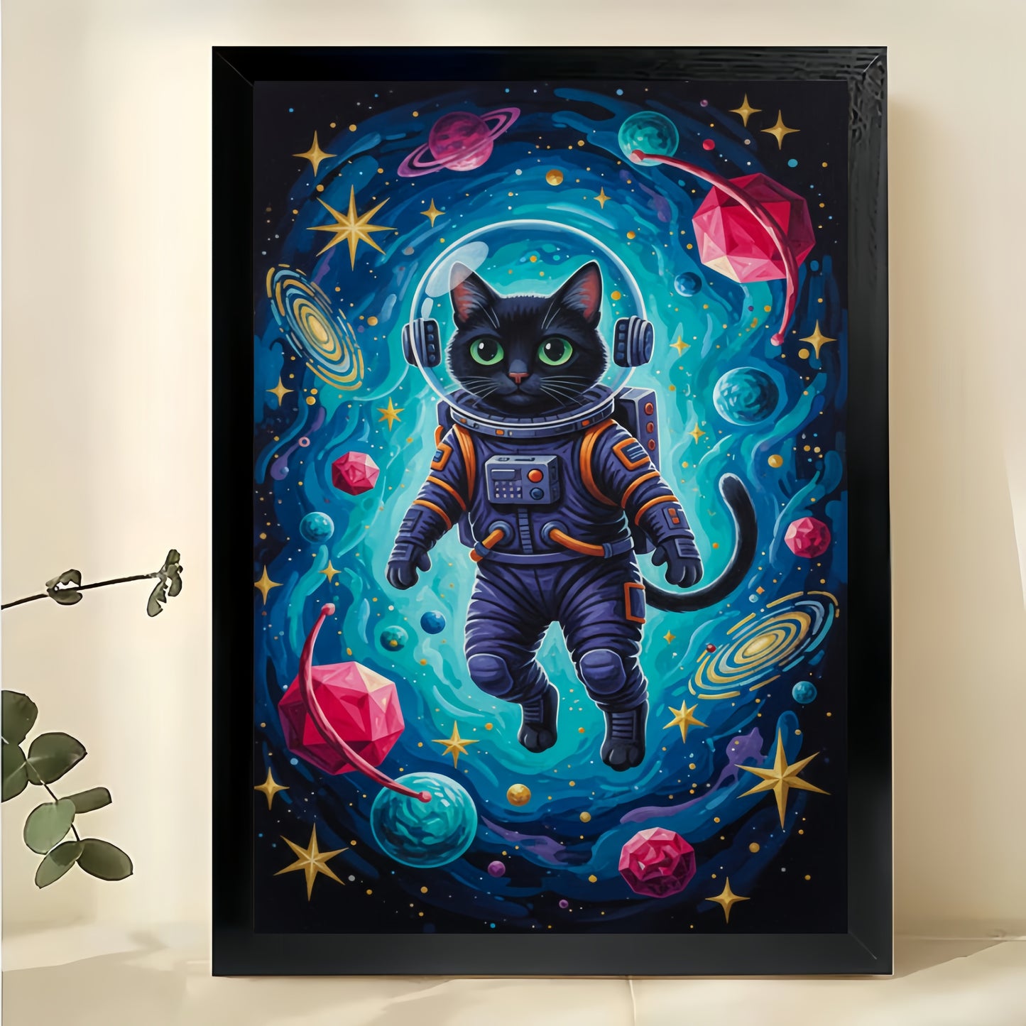 Astronaut Black Cat in Cosmic Space – Sci-Fi Whimsical Wall Art on Natural Wood Canvas | W716