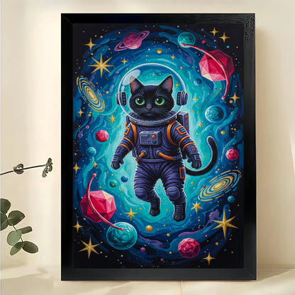 Astronaut Black Cat in Cosmic Space – Sci-Fi Whimsical Wall Art on Natural Wood Canvas | W716