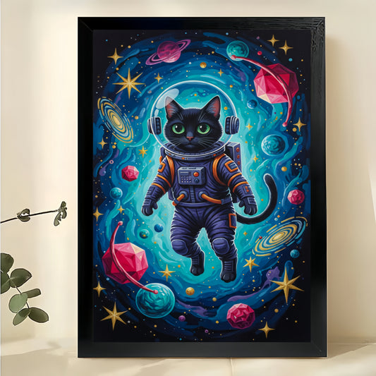 Astronaut Black Cat in Cosmic Space – Sci-Fi Whimsical Wall Art on Natural Wood Canvas | W716