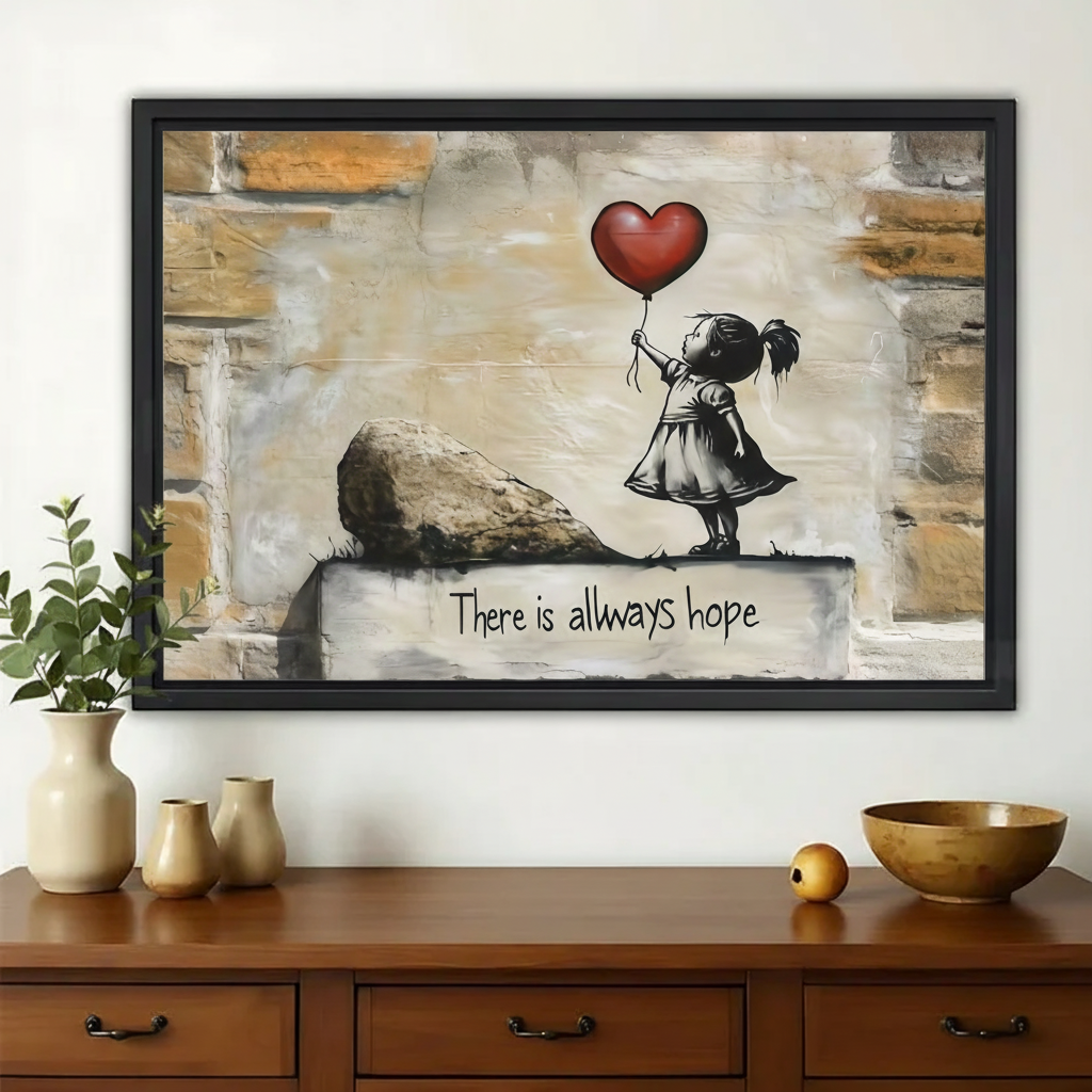 There is Always Hope – Banksy Inspired Girl with Red Balloon Wall Art on Natural Wood Canvas | W2029