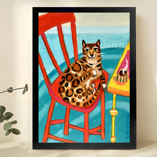 Bengal Cat on Red Chair by the Sea – Whimsical Coastal Wall Art on Natural Wood Canvas | W934