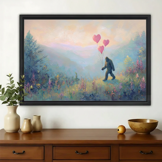 Bigfoot with Pink Balloons Wall Art – Whimsical Forest Bigfoot Canvas Print on Natural Wood Frame | W2417