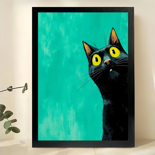 The Green-Background Big-Eyed Black Cat – Minimalist Cute Wall Art on Natural Wood Canvas | W673