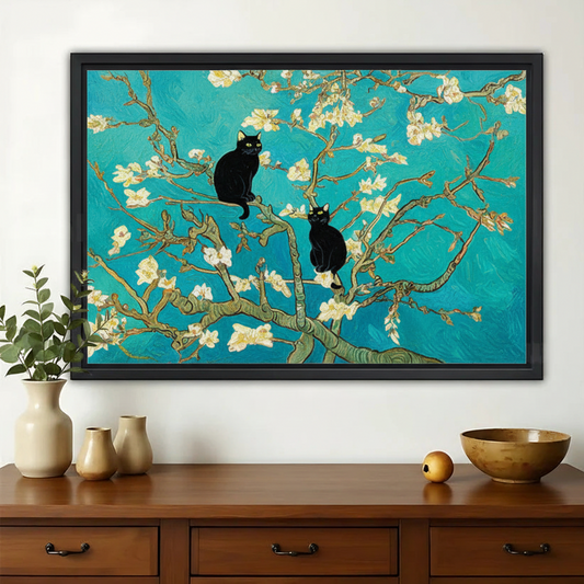 Black Cats on Van Gogh Almond Blossom – Artistic Floral Pet Wall Art on Natural Wood Canvas | W723