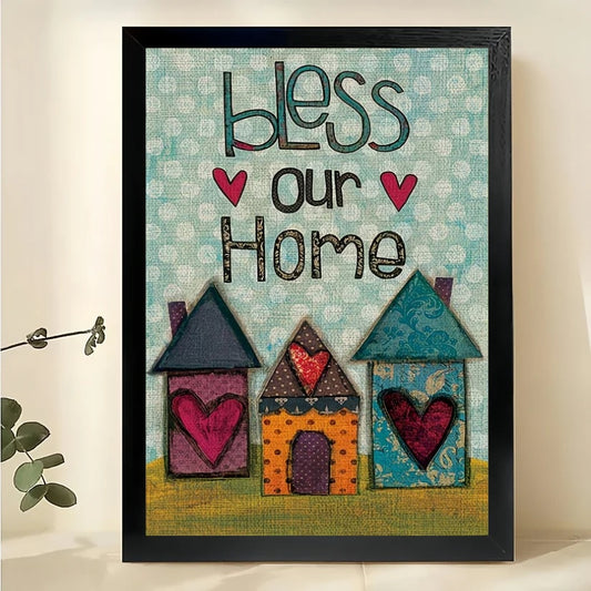 Bless Our Home Cozy House  Hearts – Warm Rustic Wall Art on Natural Wood Canvas | W750