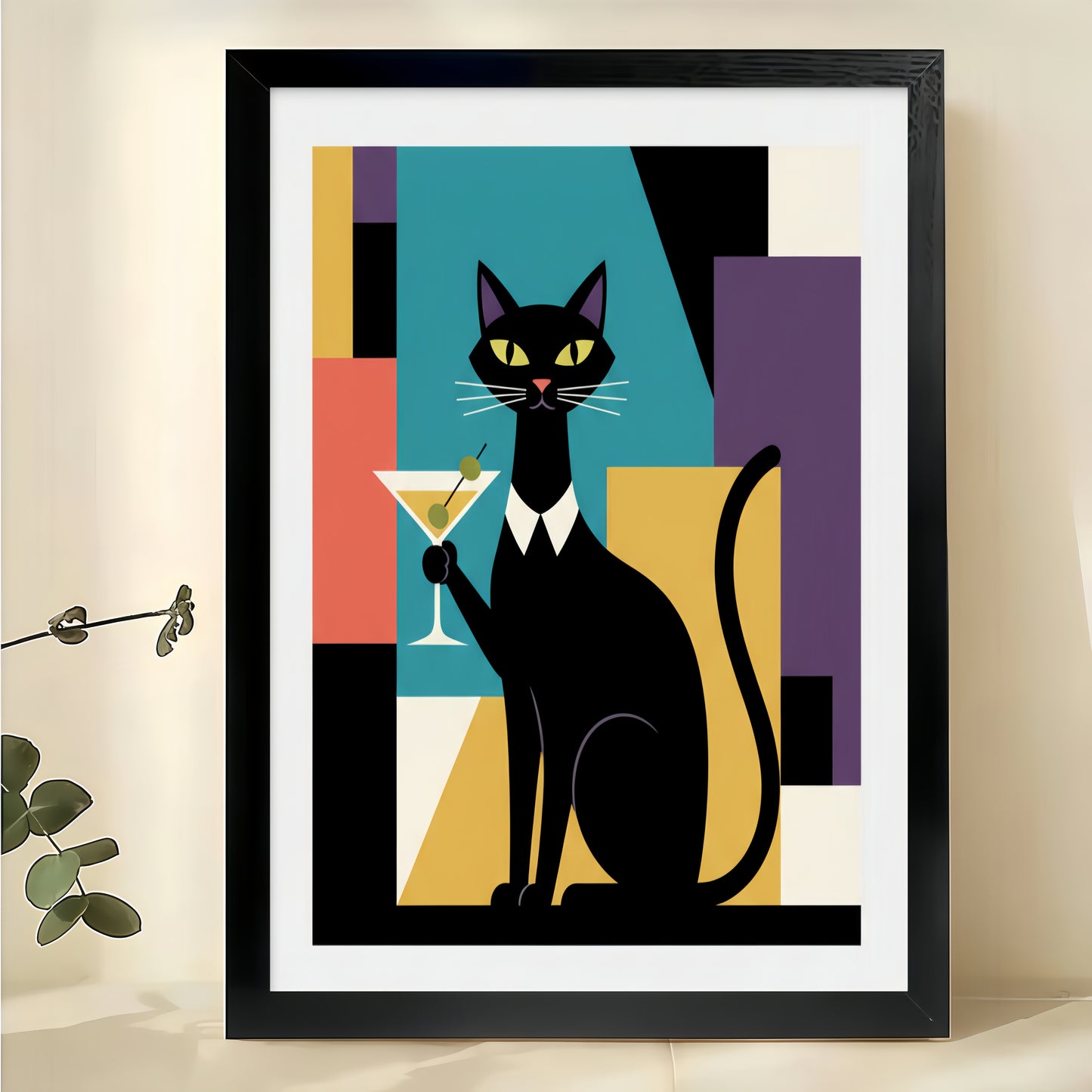 The Geometric Black Cat – Modern Mondrian-Style Wall Art on Natural Wood Canvas | W635