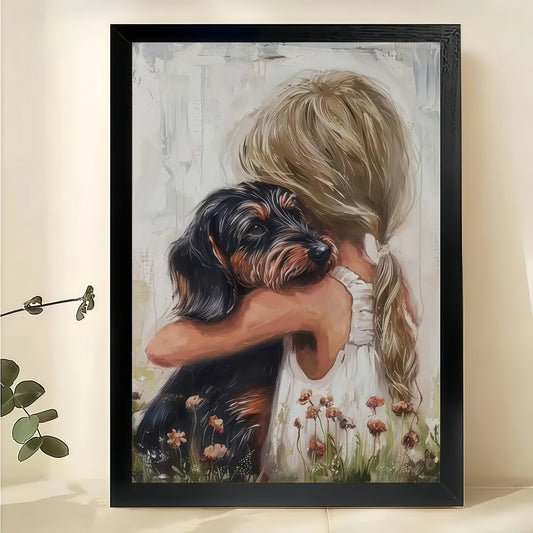 Girl Hugging Dachshund in Wildflowers – Heartwarming Pet Wall Art on Natural Wood Canvas | W988