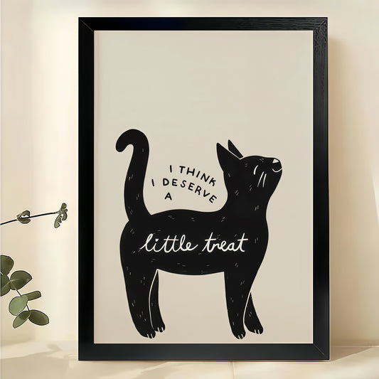 I Think I Deserve a Little Treat  Black Cat – Minimalist Humorous Wall Art on Natural Wood Canvas | W899