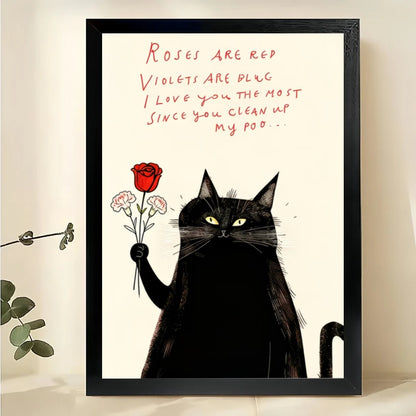 Black Cat with Rose & Romantic Poem – Humorous Valentine’s Wall Art on Natural Wood Canvas | W742