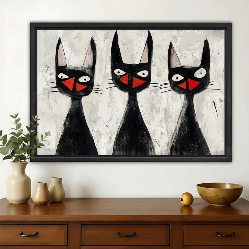 Three Black Cats with Red Noses – Retro Abstract Wall Art on Natural Wood Canvas | W964