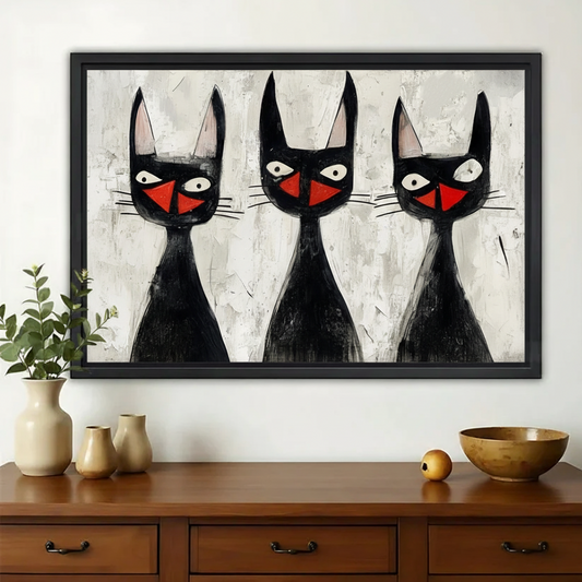 Three Black Cats with Red Noses – Retro Abstract Wall Art on Natural Wood Canvas | W964