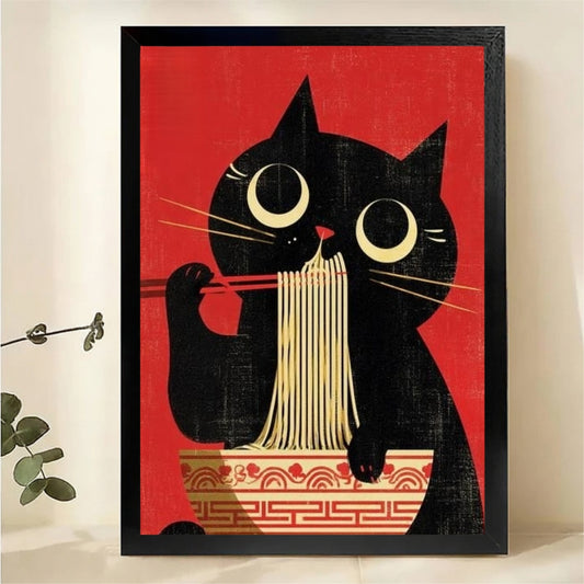 Black Cat Eating Ramen Wall Art - Retro Japanese Poster Canvas Print|W1389
