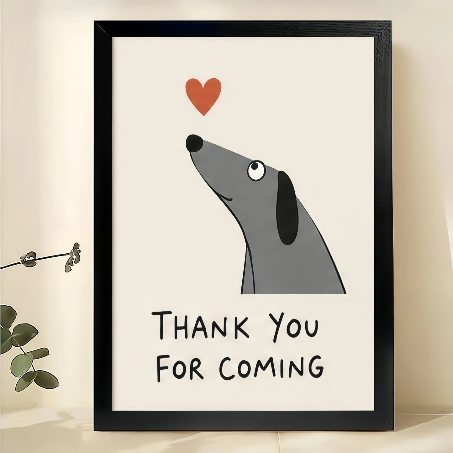 Sausage Dog "Thank You For Coming" Wall Art – Cute Guest Bathroom Canvas Print on Black Wood Frame | W2262