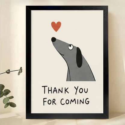 Sausage Dog "Thank You For Coming" Wall Art – Cute Guest Bathroom Canvas Print on Black Wood Frame | W2262