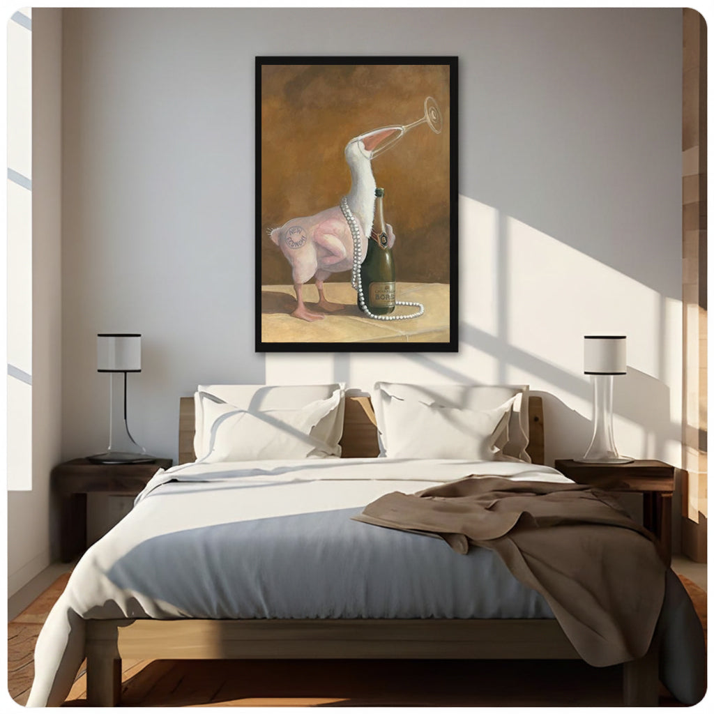 Whimsical champagne duck framed canvas art hanging above a sunlit bed between two bedside lamps.