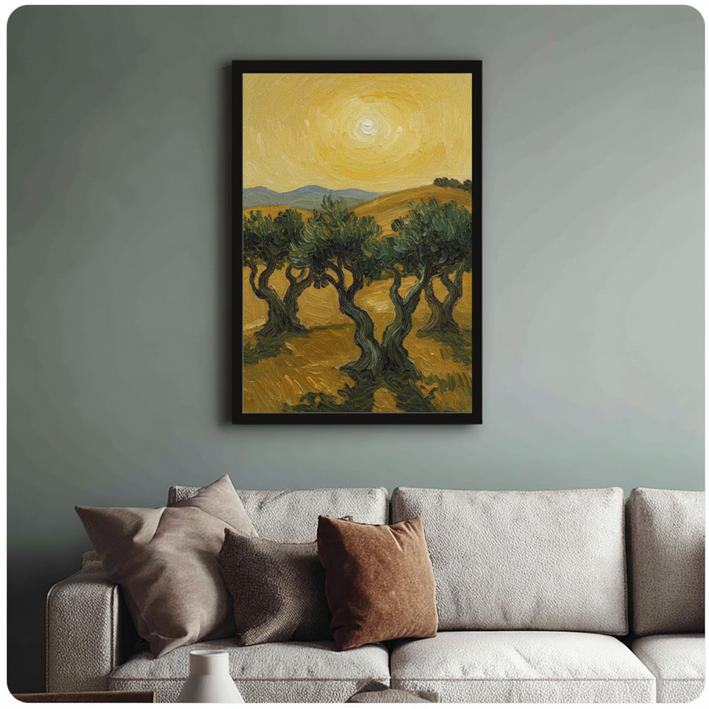 Van Gogh olive tree landscape canvas art above sofa – modern living room display