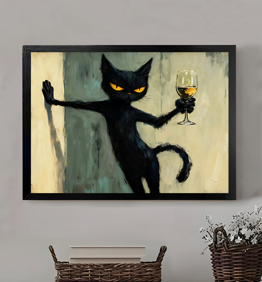 The Celebratory Black Cat – Joyful Cat Wall Art on Natural Wood Grain Canvas | W460
