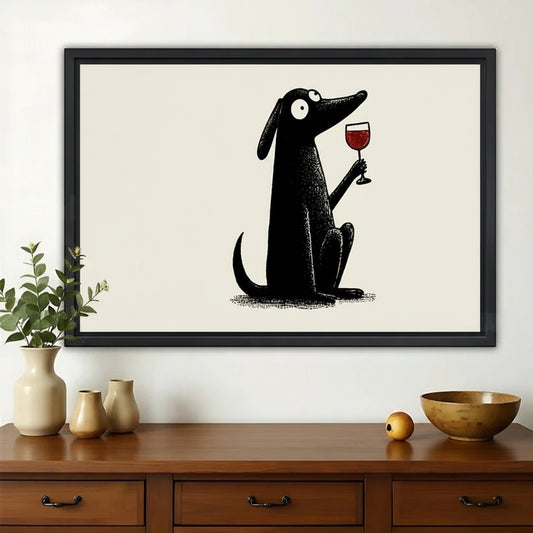 Black Dog with Wine Glass – Minimalist Luxe Wall Art on Natural Wood Canvas | W701
