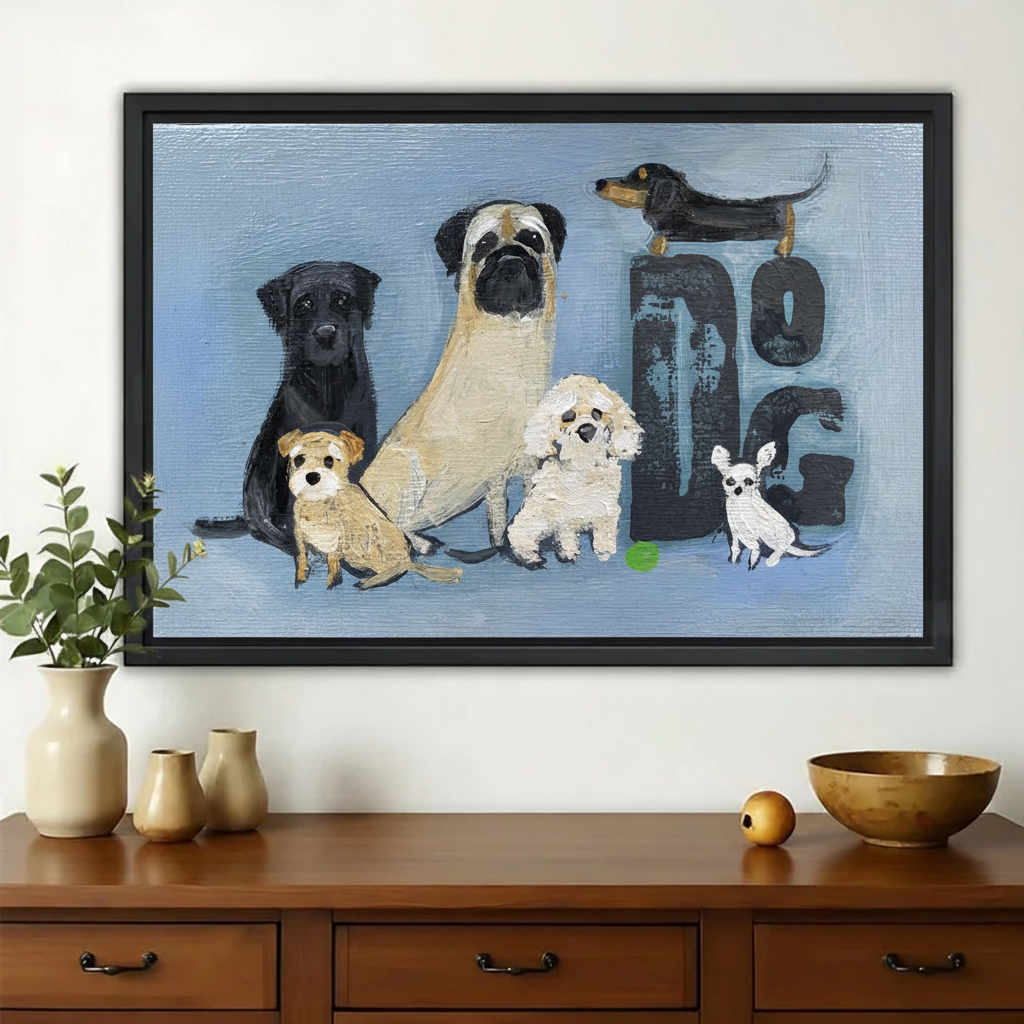 Multi-Breed Dogs Group Wall Art – Heartwarming Dog Family Canvas Print on Natural Wood Frame | W2430