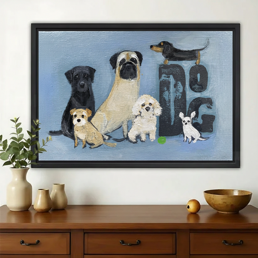 Multi-Breed Dogs Group Wall Art – Heartwarming Dog Family Canvas Print on Natural Wood Frame | W2430