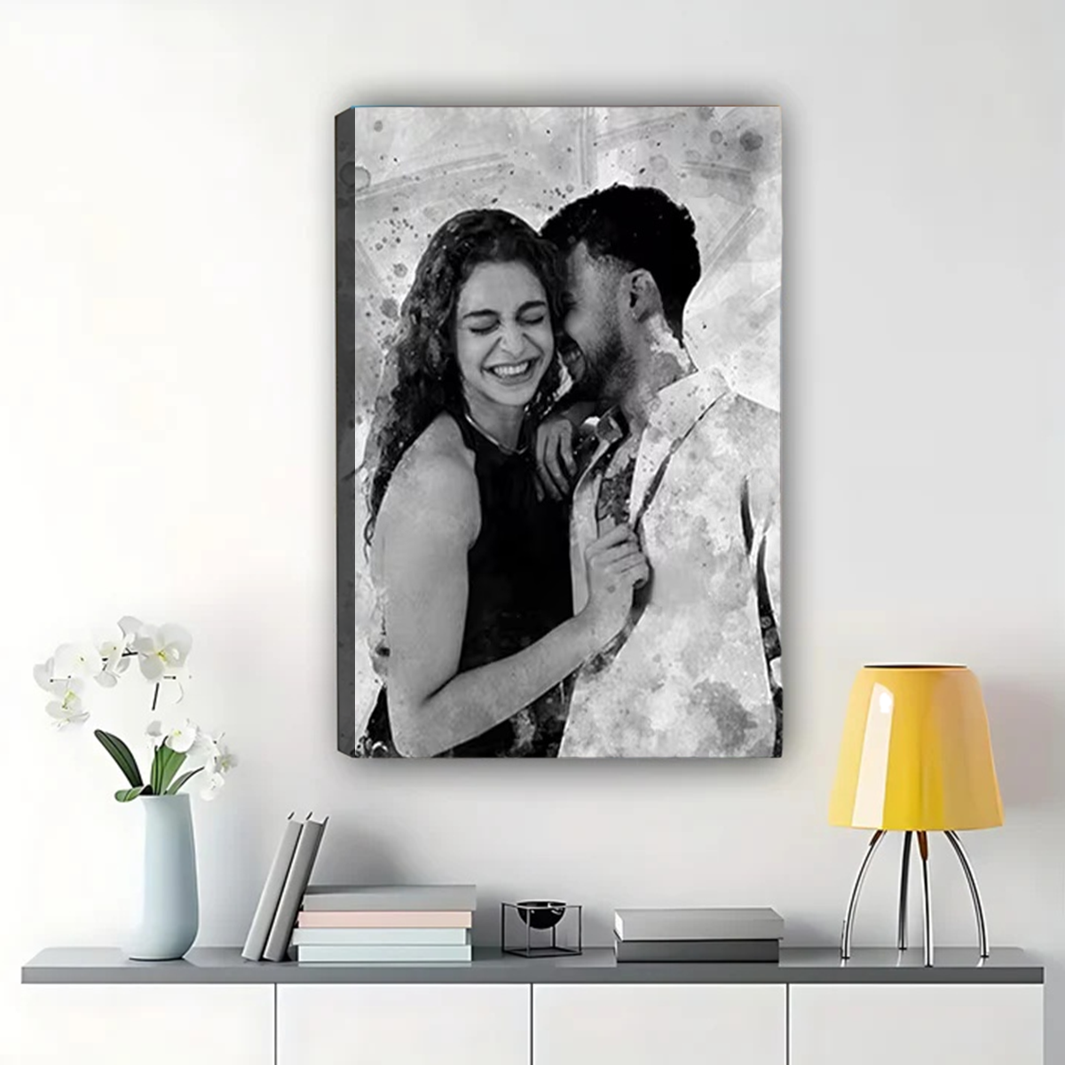 Custom Black and White Watercolor Portrait - Personalized Canvas Art