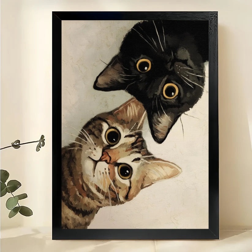 Peeking Tabby & Black Cat – Whimsical Pet Wall Art on Natural Wood Canvas | W877