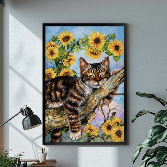 Tabby cat and sunflower framed canvas wall art in study room