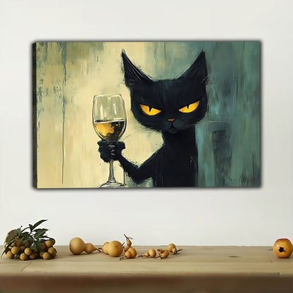 Cheers Black Cat – Vintage Cat Wall Art on Natural Wood Canvas | W296