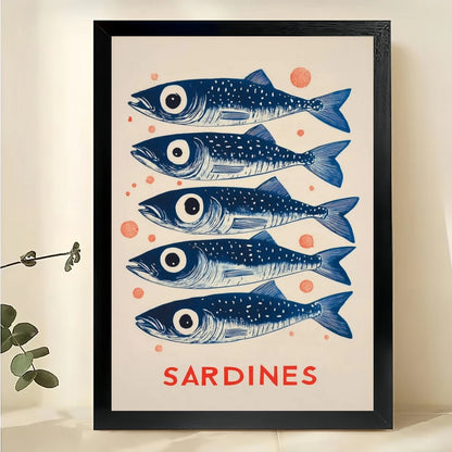 SARDINES Stacked Fish – Retro Minimalist Wall Art on Natural Wood Canvas | W886