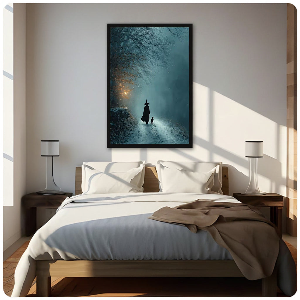 Framed witch and black cat wall art on a misty forest path, hanging above a sunlit bed.