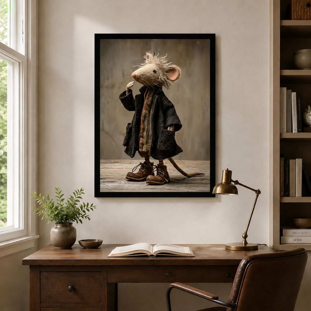 Whimsical Mouse Scholar Vintage Framed Canvas Art w3132