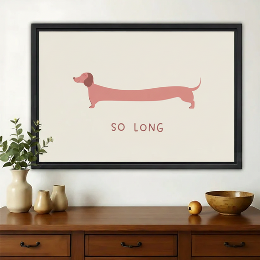 Pink Dachshund "So Long" Wall Art – Minimalist Sausage Dog Canvas Print on Natural Wood Frame | W2405