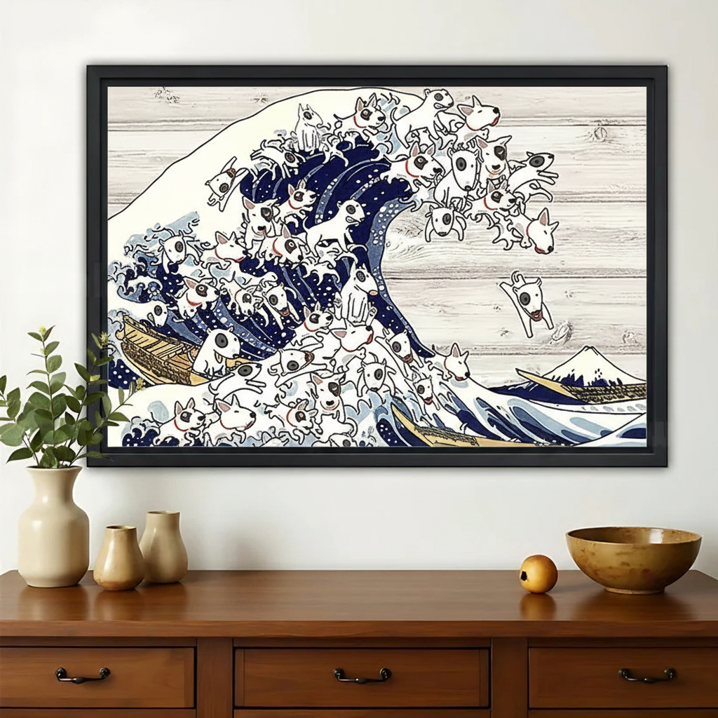 The Great Wave Dog – Ukiyo-e Inspired Artistic Wall Art on Natural Wood Canvas | W626