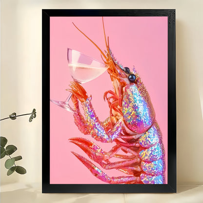 The Pink-Background Lobster Toast – Quirky Retro Wall Art on Natural Wood Canvas | W680