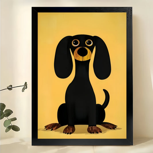 The Yellow-Background Cartoon Dachshund – Bold Playful Wall Art on Natural Wood Canvas | W666