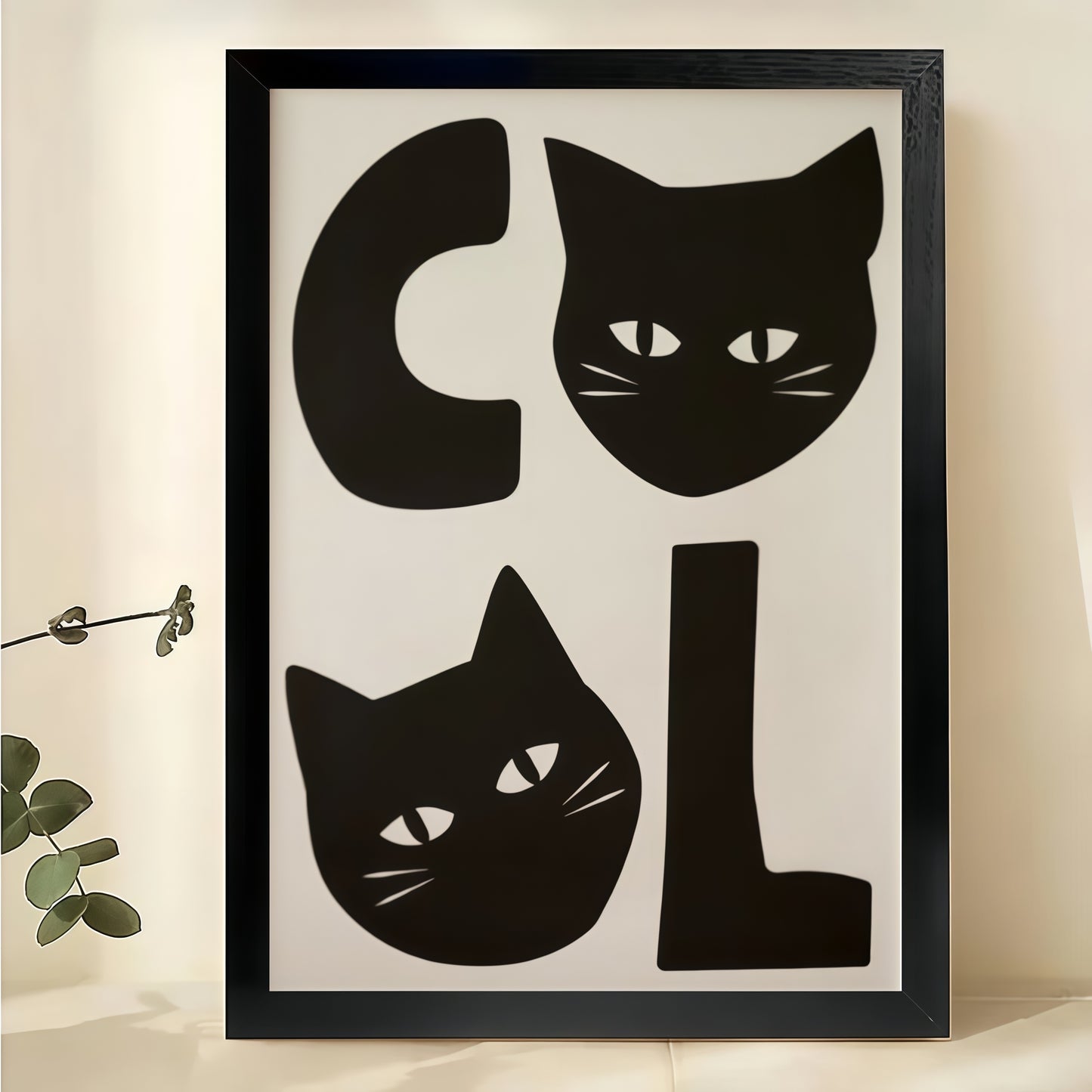 COOL Two Black Cats – Minimalist Mid-Century Wall Art on Natural Wood Canvas | W958
