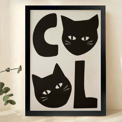 COOL Two Black Cats – Minimalist Mid-Century Wall Art on Natural Wood Canvas | W958