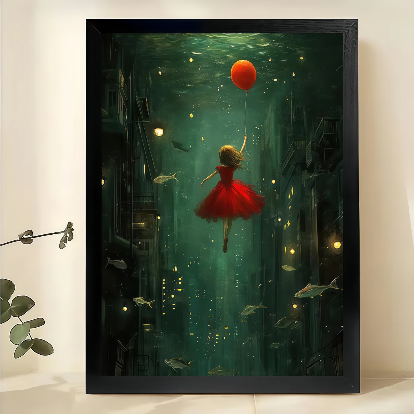 Girl with Red Balloon Underwater Wall Art – Surreal Green Cityscape Canvas Print on Natural Wood Frame | W2424