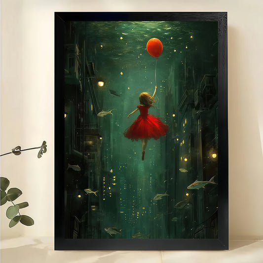 Girl with Red Balloon Underwater Wall Art – Surreal Green Cityscape Canvas Print on Natural Wood Frame | W2424